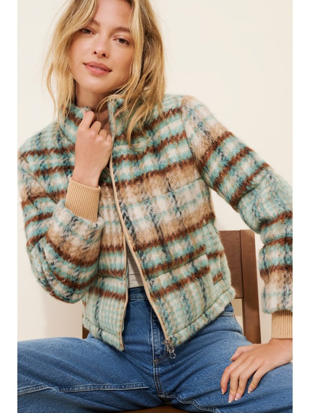 Anthropologie fuzzy plaid bomber puffer jacket